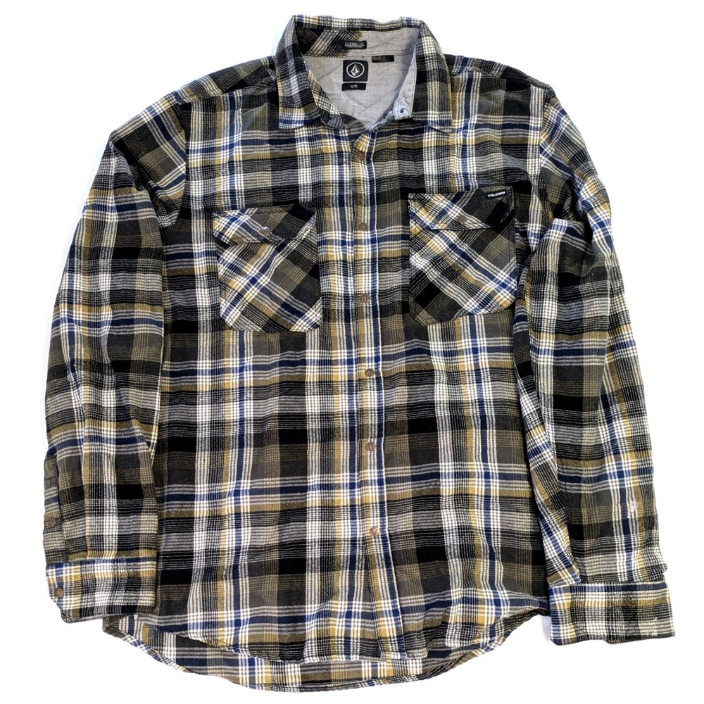 Volcom Mens Plaid Flannel Button Down Shirt XL Classic Fit Olive Green Black